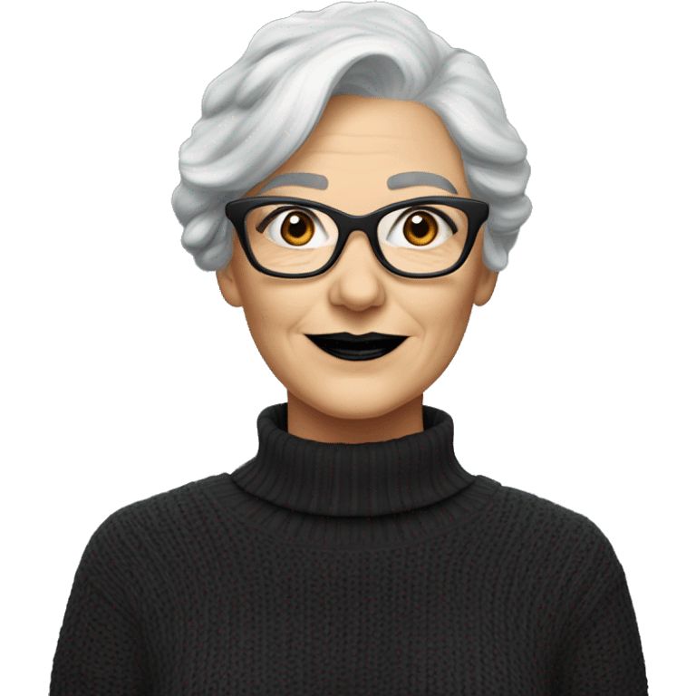 Attractive Caucasian grey-haired woman with wire frame glasses and black lipstick wearing a black sweater emoji