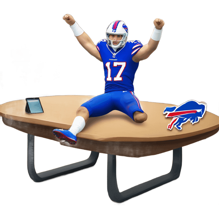 My blonde girlfriend Macy wearing a buffalo bills Josh Allen jersey and jumping through a table emoji