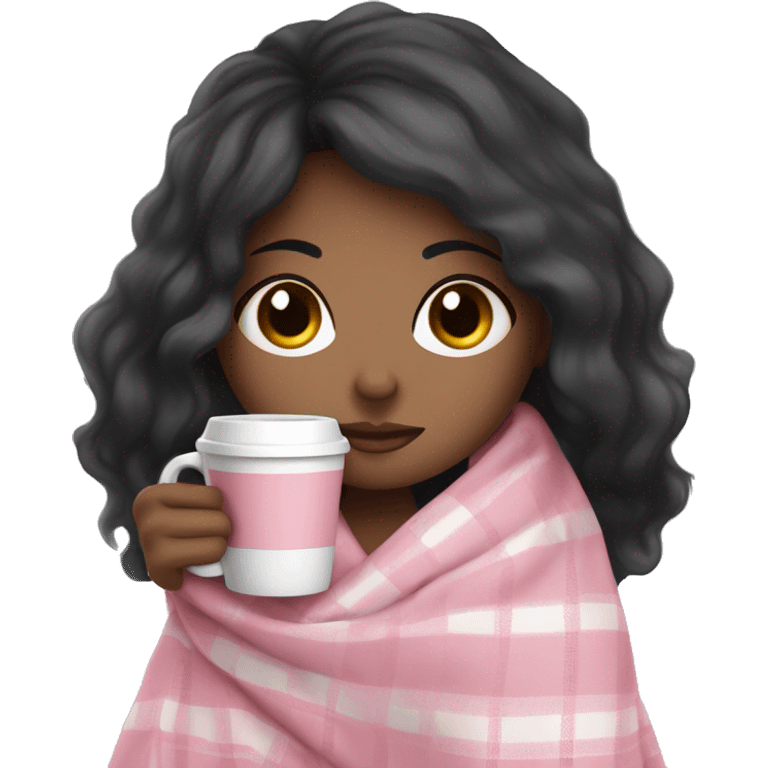 cute Black hair girl wrapped in pastel pink plaid blanket drinking coffee emoji