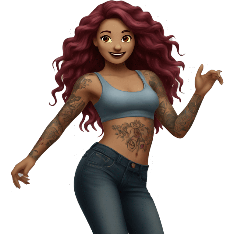 Beautiful tattooed burgundy long haired woman dancing emoji