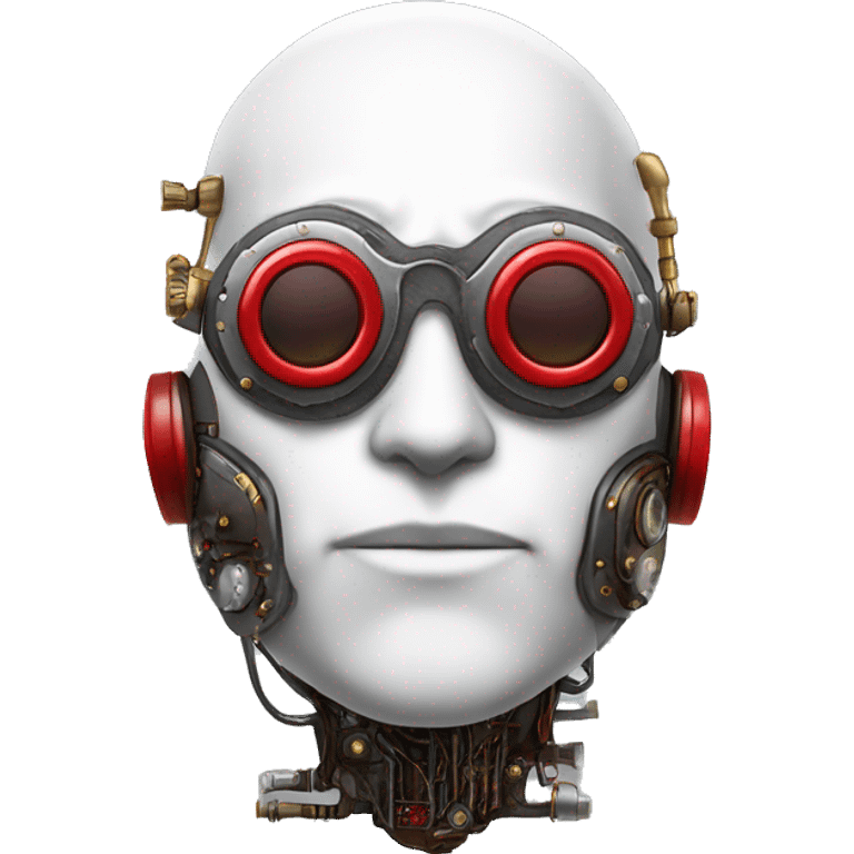 Bald cyborg head with red steampunk goggles, white five o’clock shadow, and circuits emoji