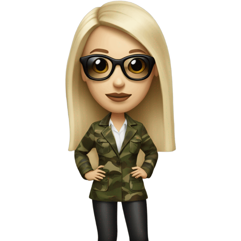 Realistic White woman with Long straight blonde hair and round sunglasses, camouflage Wool oversize blazer, mini skirt and Brown heeled leather boots  emoji