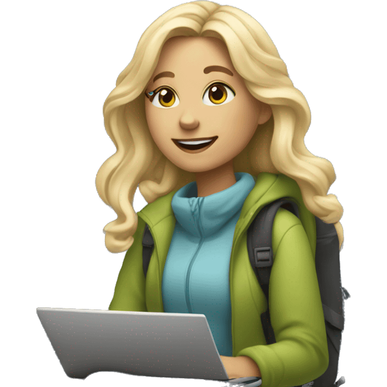 Remote blonde girl with a laptop on the mountain slopes ⛷️ emoji