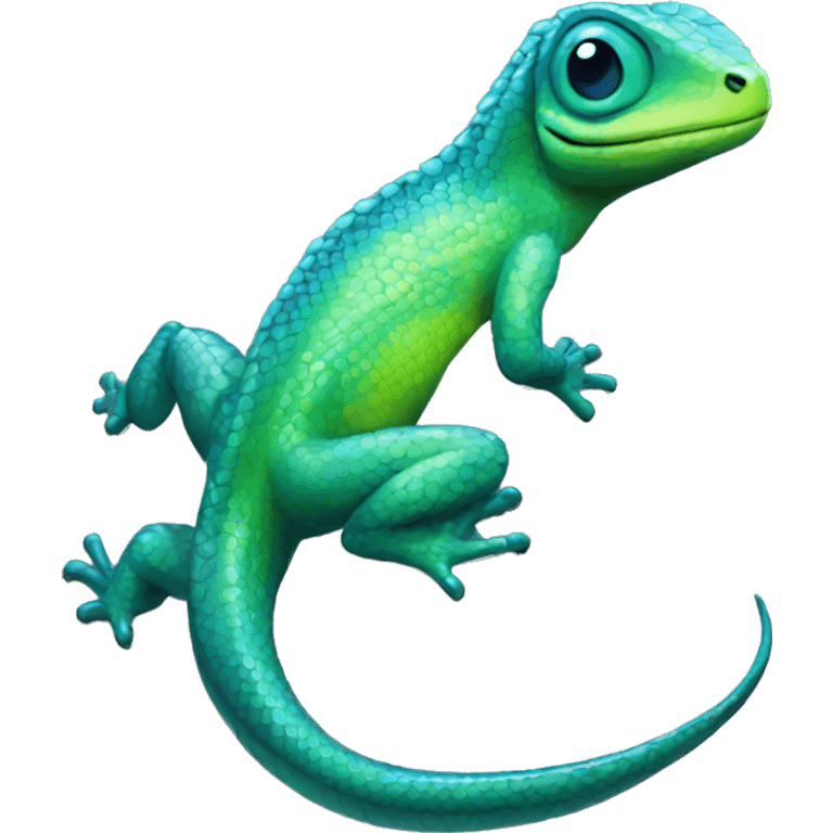 A Cyan Shiny Glossy Lizard-Reptile-Salamandrian-Fakémon with dark-blue patterns and light-green belly Full Body emoji