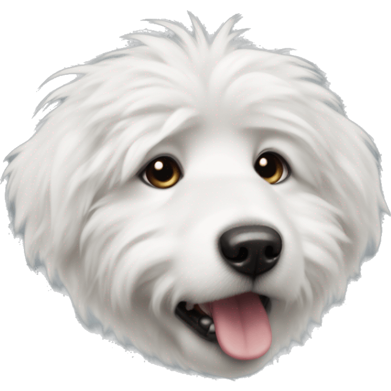 white fluffy dog with one ear up and one ear down, tongue out emoji