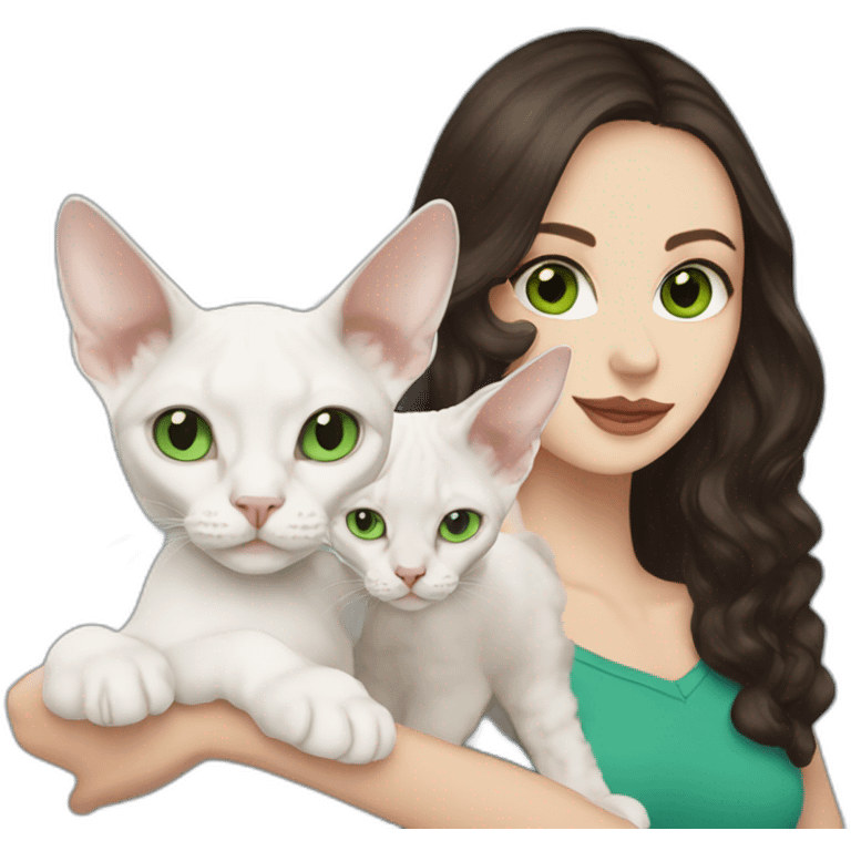 White woman with long dark hair and green eyes holding white devon rex with blue eyes emoji