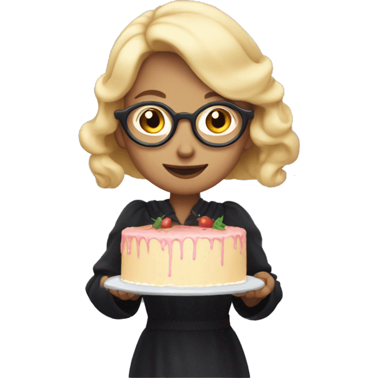 A witch with blonde hair and glasses holding a cake in her hand. emoji