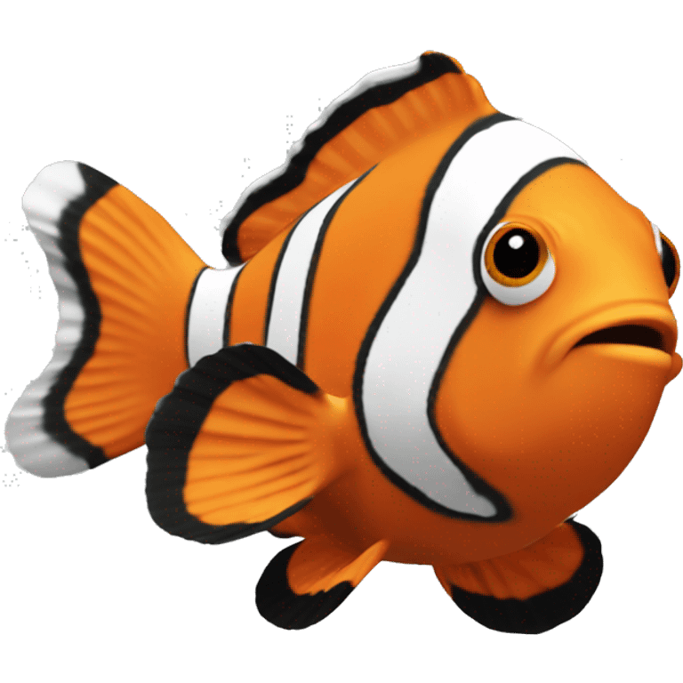 a clownfish in coral reefs and the clownfish has an orange body and black and white stripes. emoji