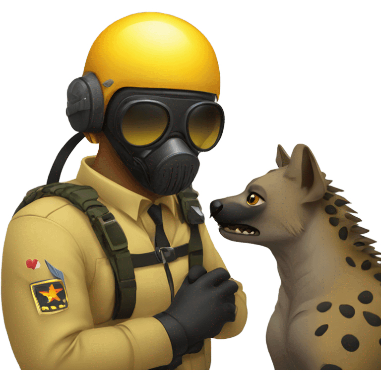 Yellow army Pilot with black mask googles, and then a big hyena kissing kissing him emoji