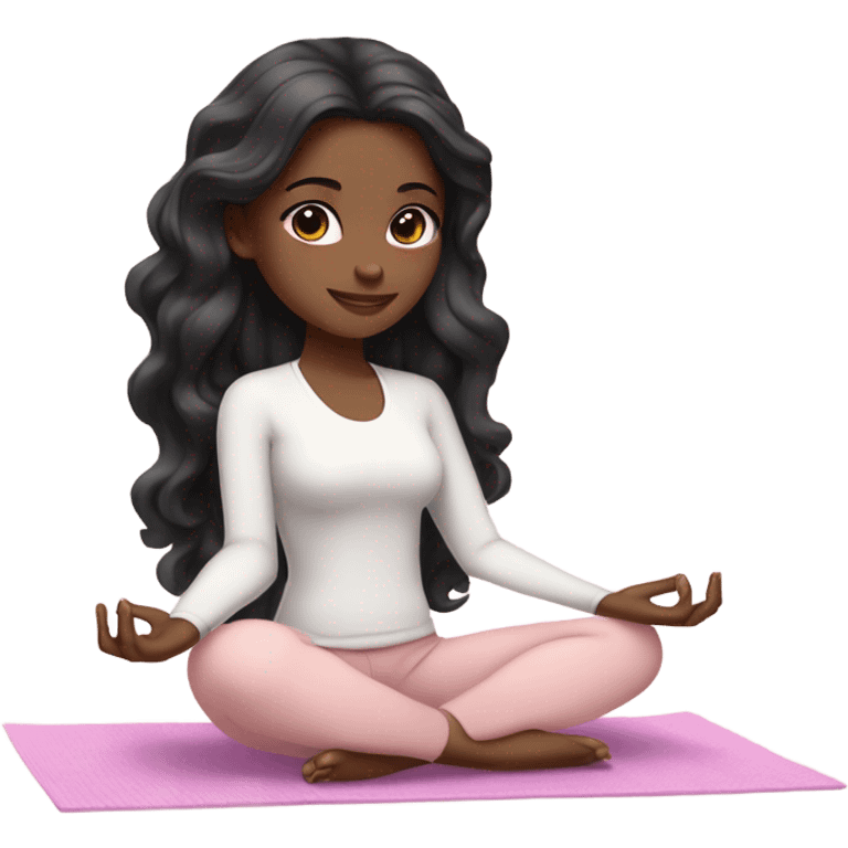 black long wavy hair and brown eyes with white skin yoga girl in light pink clothes sitting on a yoga mat  emoji