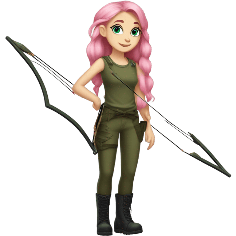 girl holding bow and arrow, long pink hair, blue eyes, white skin, army green cargo pants, black tank top, black combat boots, elf ears emoji