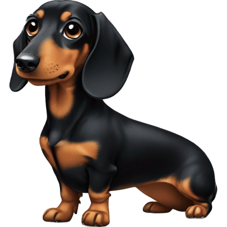 Black and tan dachshund with a short nose with a  patch of white on the chest, bombastic side eye, long hair  emoji