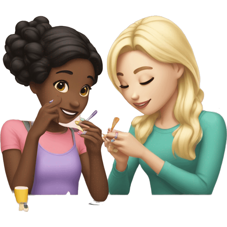 1 black haired girl and one blonde highlights girl painting their nails  emoji