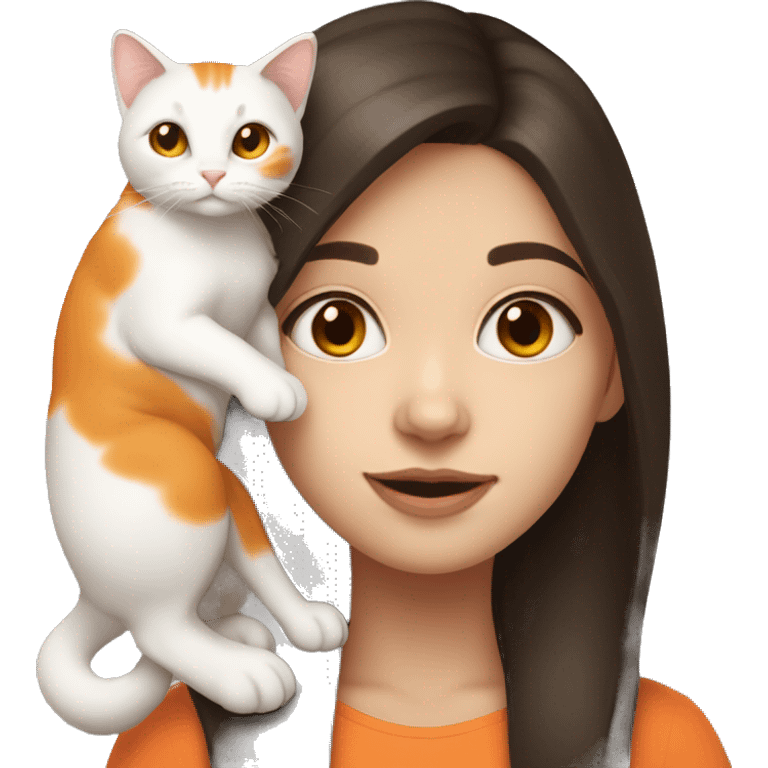 Girl with dark brown hair and white skin holding orange and white cat   emoji