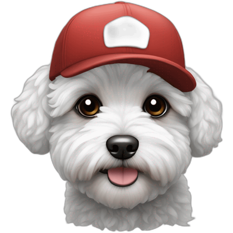 Maltipoo, black and white, with black cap that says MAY emoji