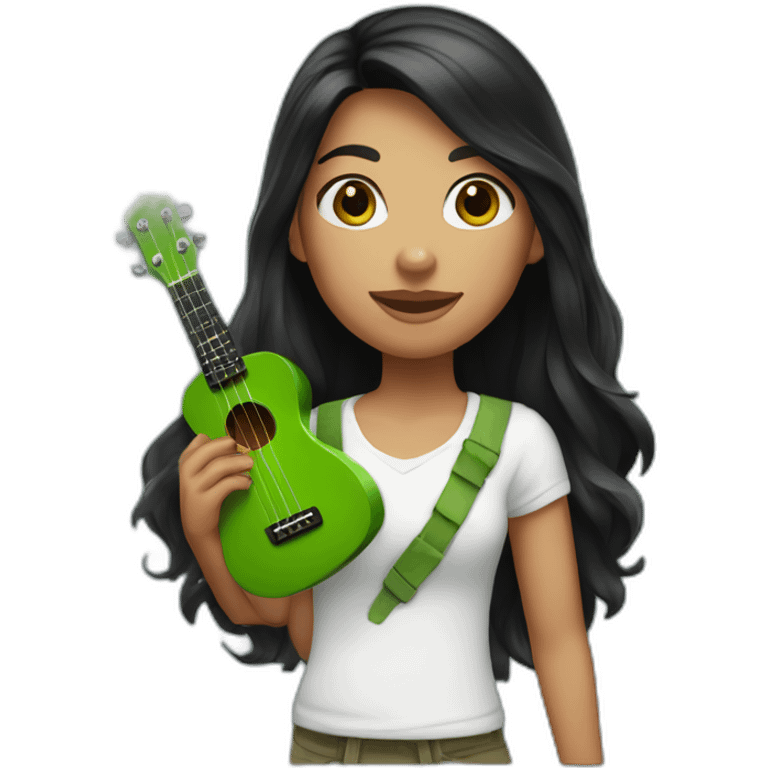 black-long-haired-fair-skin-girl-with-white-tshirt-and-green-ukulele emoji