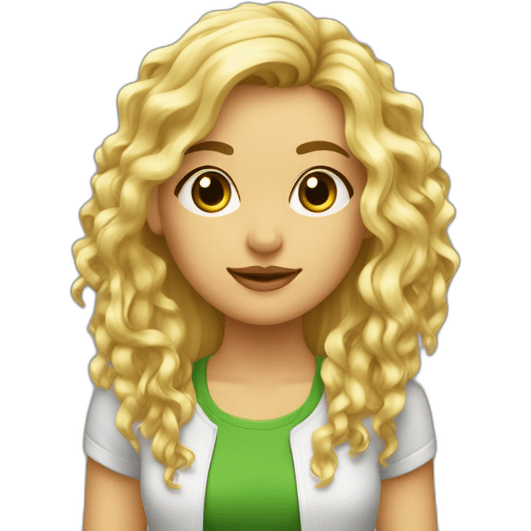 Chica rubia pelo rizado largo y flequillo con ropa verde ldelante ordenador emoji