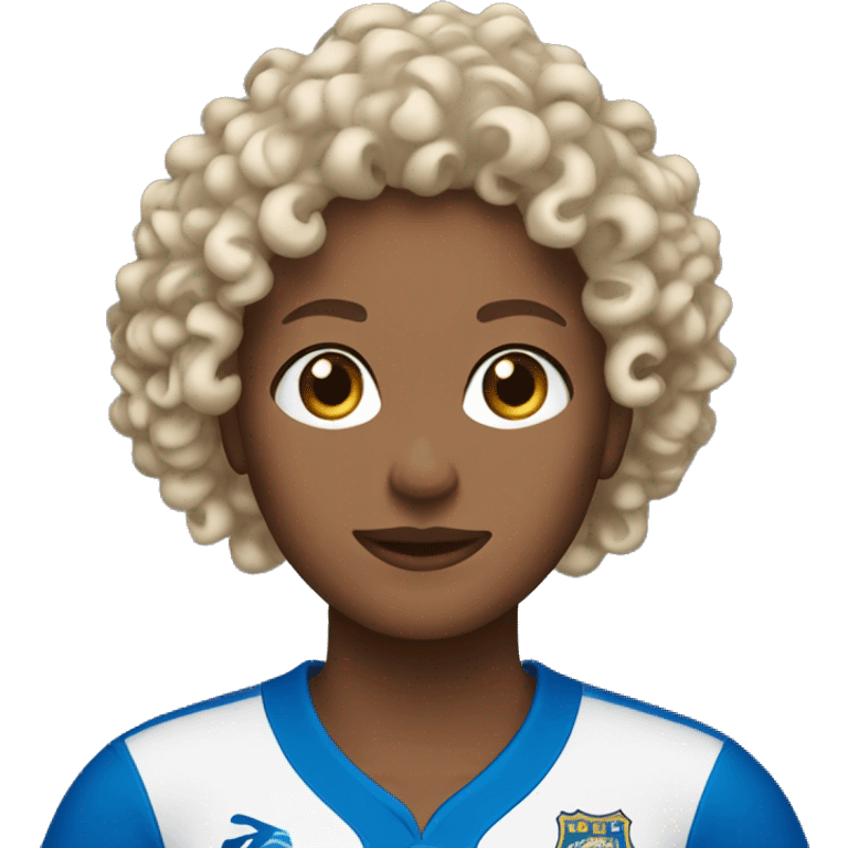 brown with blonde highlights curly haired woman with blue eyes in Wave FC jersey emoji