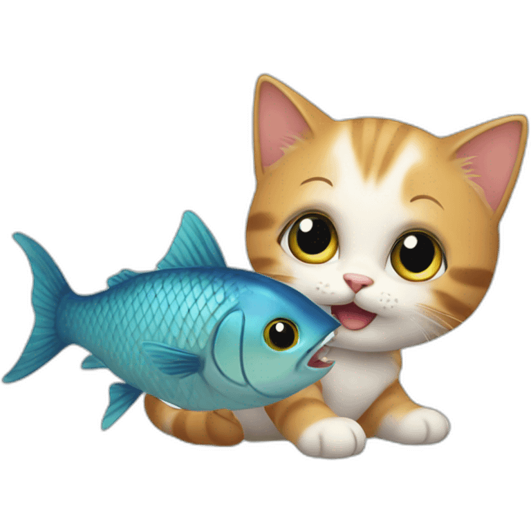 Cute kitten playing with fish emoji