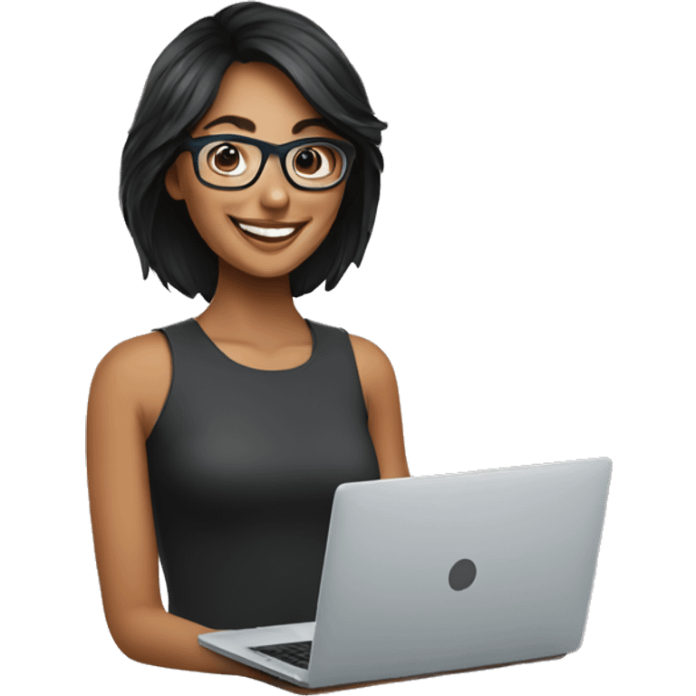 Dark hair girl with optical glasses and laptop smiling wide emoji