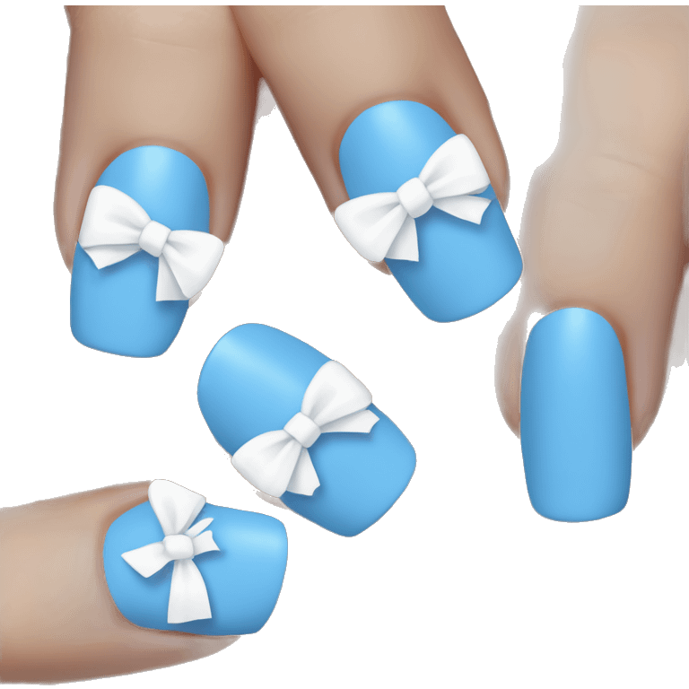 Blue french tip nails with a white bow in middle emoji