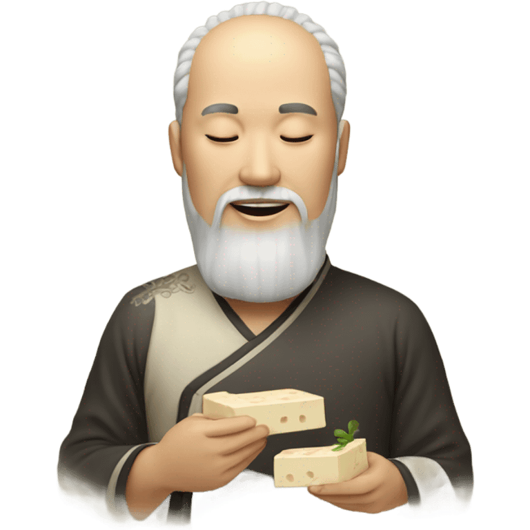 Chinese with closed eyes eating tofu and has twirly beard emoji