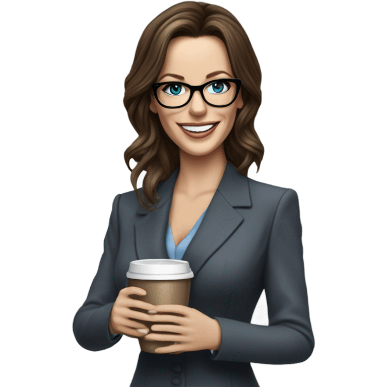 Hyper Realistic Kate Beckinsale blue eyes wearing glasses in a business dress drinking coffee happy  emoji