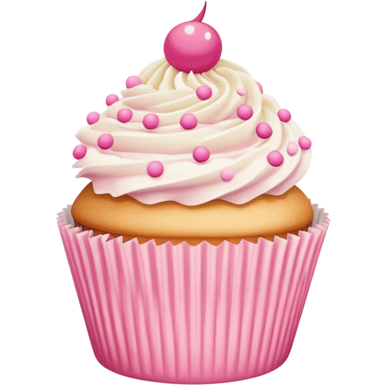 Butter creme frosted cupcake with pink polka dot cup liner emoji