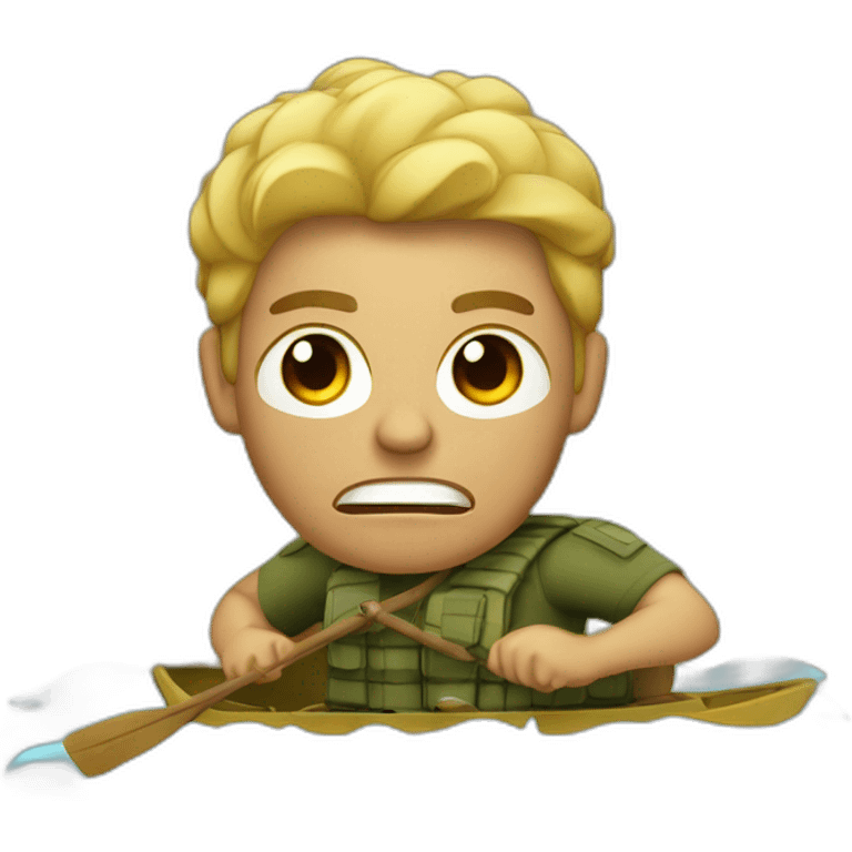 Angry tan guy with military hair cut riding on a raft emoji