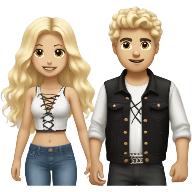 A black hair boy with a redneck cloths with a blonde girl wearing a Shakira lace up croc top  emoji