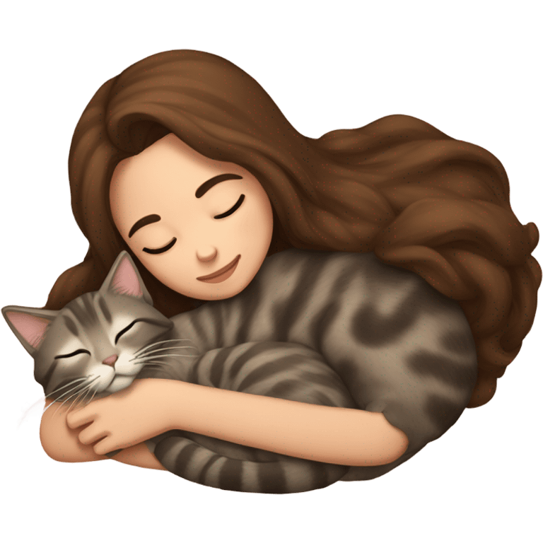 girl with brown hair sleeping cuddled with maine coon cat emoji