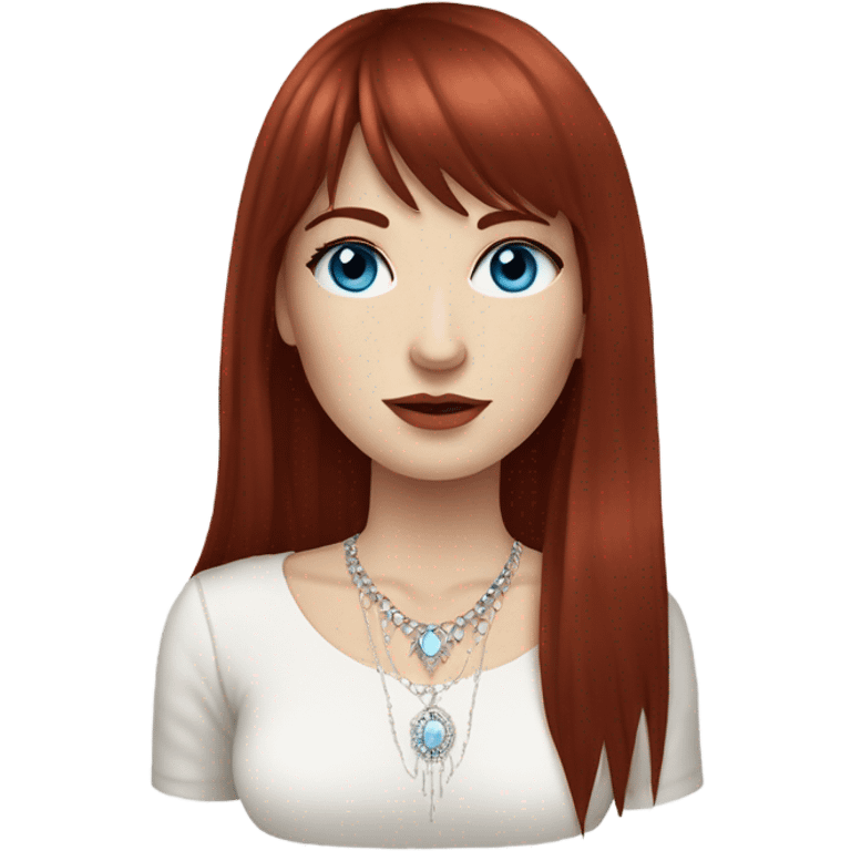 woman with pale skin, blue eyes and long dark red hair with layers and fringe bangs, wearing a white top and silver jewellery emoji