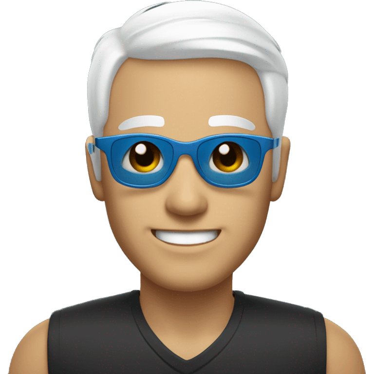 man with short white hair and blue eyes black sunglasses smiling emoji