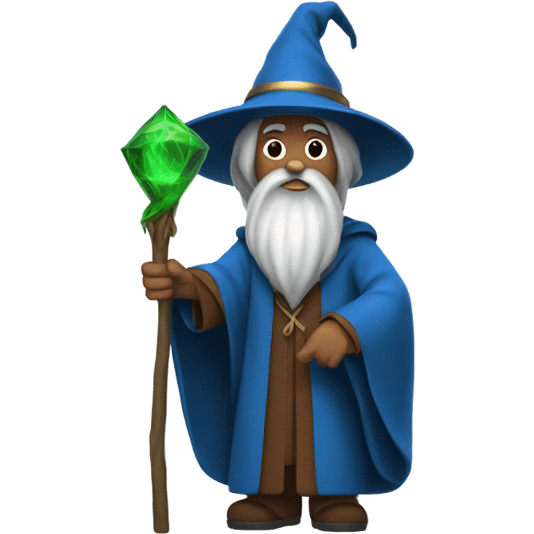 wizard in blue robe and brown hat with green staff emoji