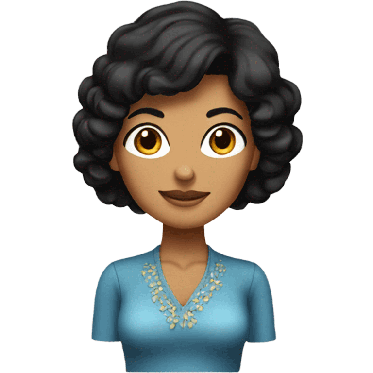 Tanned woman with black hair wearing 1970s style outfit and hair emoji