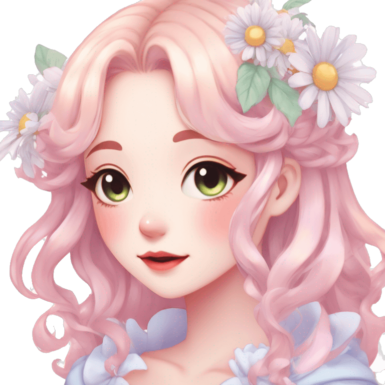 Gorgeous pastel anime style lady with blushing face and daisies cottagecore fairycore pastelcore shiny colorful pearly romantic simplistic aesthetic trending style emoji