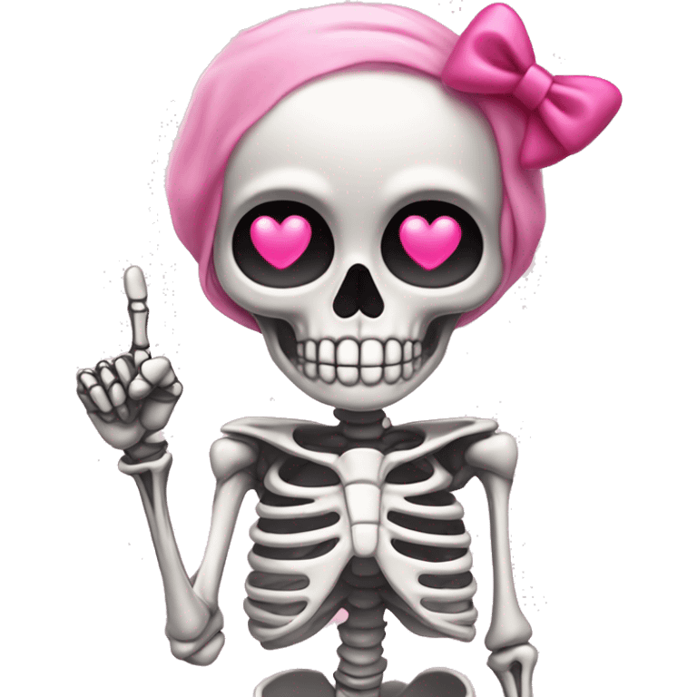 Cute skeleton w pink bow on head and pink heart eyes giving middle finger emoji