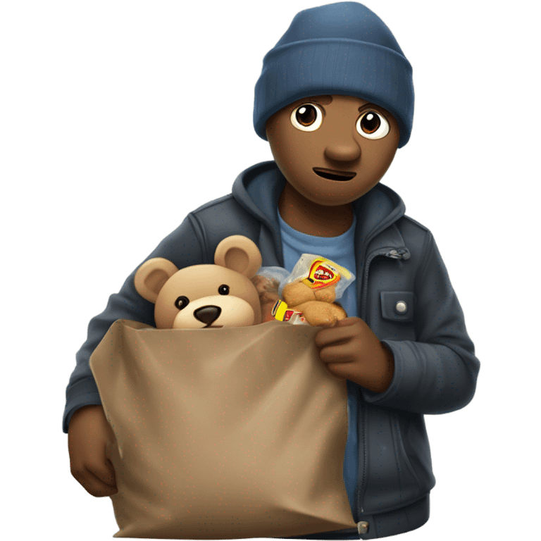 A clumsy and tender-hearted burglar, dressed in mismatched clothes, with a nervous yet kind expression, holding a sack of stolen goods spilling out with harmless items like teddy bears and cookies. emoji