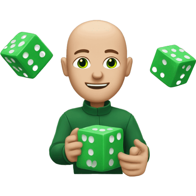 a guy with bald hair and green eyes with floating dice in hands emoji