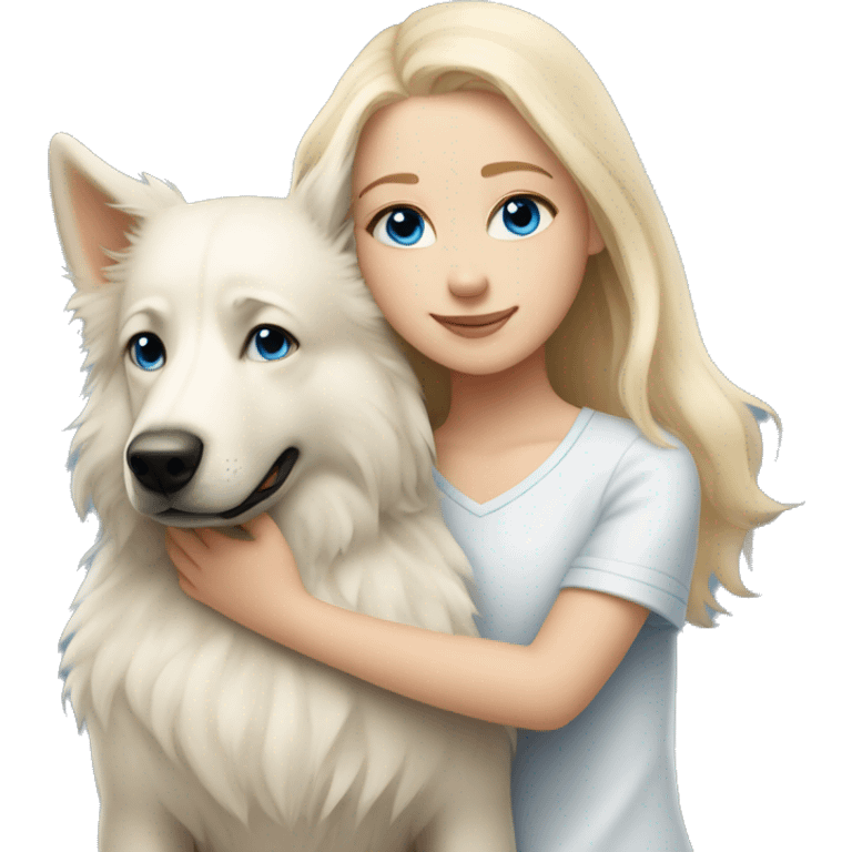 Blond girl with blue eyes cuddles a white Sheppard dog  emoji