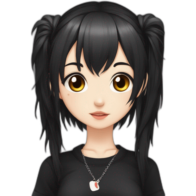 Young cute anime girl, black twin tail hair, band-aid on nose and cheek, spiked choker, wearing black shirt emoji