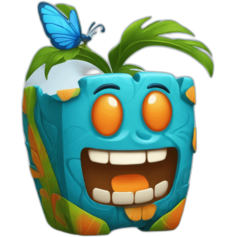 Cartoon Blue and orange smiling tiki with butterfly  emoji