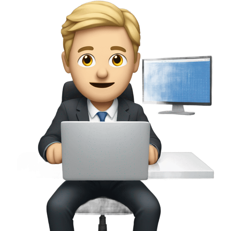 A white man is sitting at a computer with graphs emoji