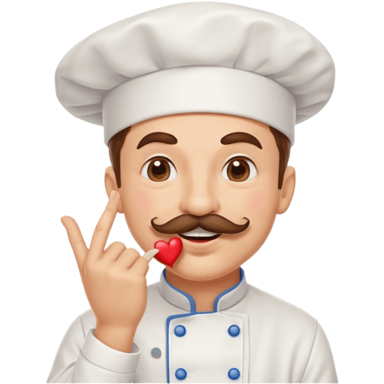 Mustachioed chef with smiling eyes and puckered lips giving his pinched fingers a kiss with a heart emoji emoji