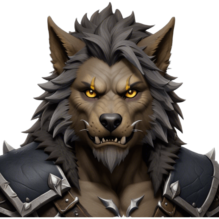 Cinematic Realistic WoW Worgen Portrait, depicted as a fearsome blend of man and beast, with rugged, dark fur intermingling with tanned, weathered skin. His piercing amber eyes and fierce expression are framed by disheveled hair and subtly detailed, worn leather attire in dark, consistent hues. Rendered with lifelike texture and dramatic, natural lighting, high shine, noble and formidable, capturing the primal nobility of a legendary worgen warrior. emoji