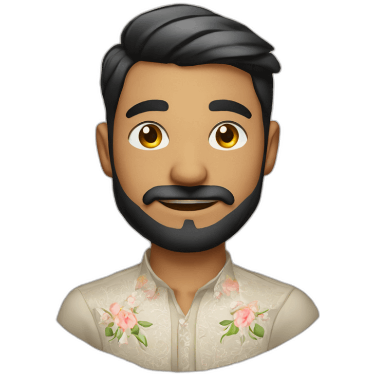 Indian 23 year old male with Indian fair complexion with beard and moustache joined,sharp nose, white floral shirt, winking  emoji