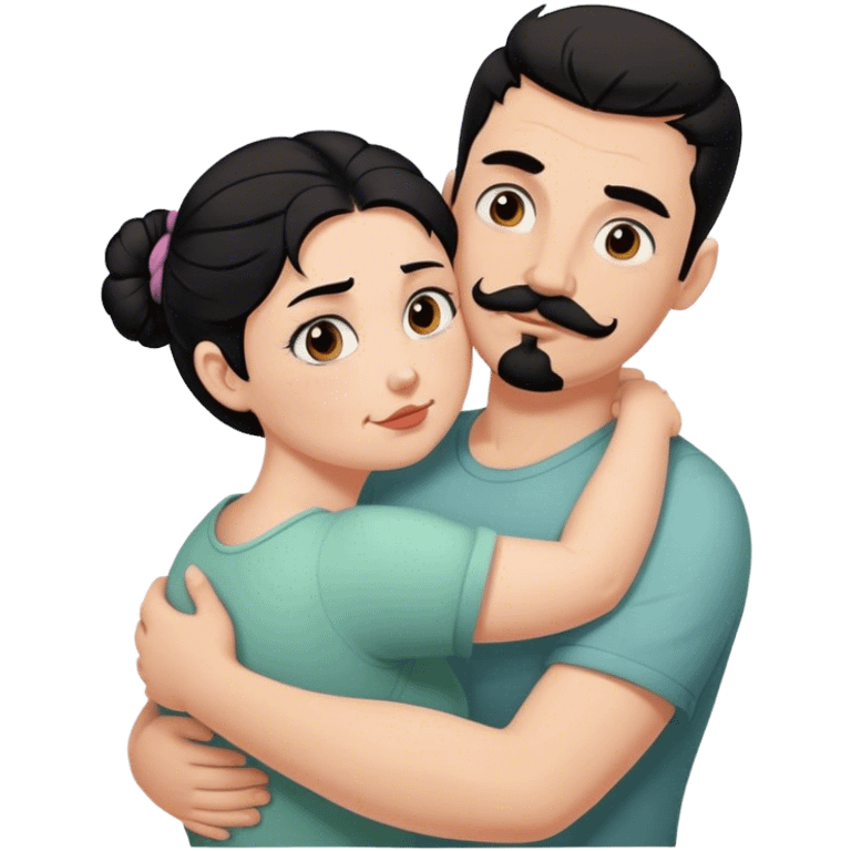 Tall strong white man with dark brown mustache goatee hugging a chubby short pale woman with messy black hair bun emoji