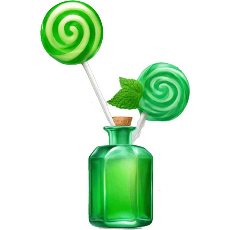 A glass bottle of perfume, like a lollipop, mint, glossy and emerald, shiny, rectangular in shape with a heart-shaped lollipop in the middle emoji