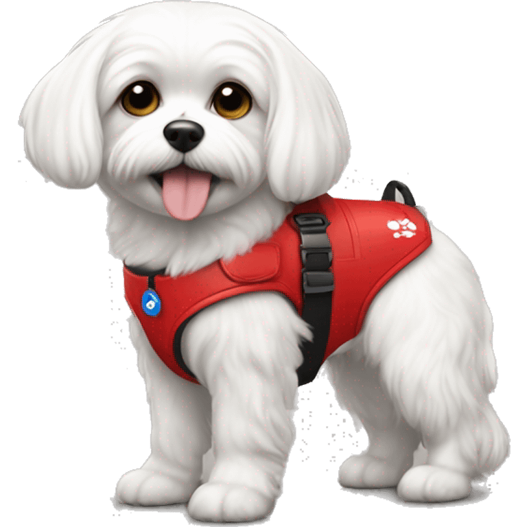 Maltese wearing a red service dog gear with to bleck straps one in the front one around the belly  emoji