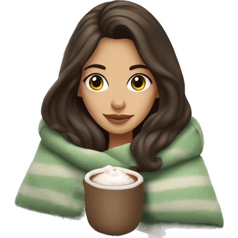 Brunette girl with grey-green eyes in cozy vibes in blanket with hot chocolate  emoji